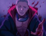  1boy akatsuki_(naruto) akatsuki_uniform blood blood_on_face blood_on_hands blood_splatter forehead_protector hair_slicked_back hand_up hidan_(naruto) highres male_focus naruto_(series) naruto_shippuuden purple_eyes solo takahasikari1 white_hair 