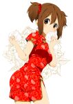  baozi blush brown_eyes brown_hair china_dress chinese_clothes commentary_request cowboy_shot dress duplicate eating floral_background food hair_ornament hairclip hirasawa_yui k-on! pearl_hair_ornament pelvic_curtain pixel-perfect_duplicate ragho_no_erika short_dress short_twintails slit tagme thighs twintails white_background 