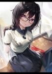  1girl :p absurdres black_bra black_skirt bra bra_visible_through_clothes braid breasts closed_mouth fou_(ssqseeker) glasses highres large_breasts long_hair looking_at_viewer original skirt smile solo tongue tongue_out underwear 