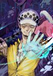  1boy donquixote_rocinante facial_hair fighting hand_up hat highres holding holding_sword holding_weapon male_focus one_piece santa65 solo_focus sword trafalgar_law weapon yellow_eyes 