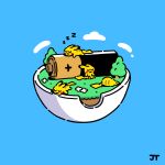  :3 animal_focus battery blue_background bowl closed_eyes closed_mouth commentary grass highres james_turner lying no_humans on_stomach pikachu pokemon pokemon_(creature) signature sitting sleeping smile tree u_u zzz 