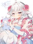  1girl animal_ears arie_ruya blue_eyes blush horns indie_virtual_youtuber long_hair looking_at_viewer pale_skin sheep sheep_ears sheep_girl sheep_horns solo sorani_(kaeru0768) stuffed_animal stuffed_toy virtual_youtuber white_hair 