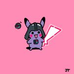  :d animal_focus black_eyes black_headwear blush_stickers commentary darth_vader full_body fusion hatted_pokemon helmet highres james_turner looking_at_viewer open_mouth pikachu pink_background poke_ball pokemon signature smile solid_circle_eyes standing 