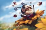  :3 :d alternate_color animal bangs bee bee_hat beemo blurry blurry_background bodysuit bug closed_eyes flower fur_trim happy highres holding league_of_legends mittens open_mouth outdoors red_bodysuit smile sunflower teemo wings yangyexin yordle 