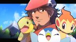  1boy :d bangs belmond_banderas beret blue_sky brown_eyes brown_hair chimchar choco_(chocovix112) closed_eyes closed_mouth cloud cloudy_sky cosplay eyebrows_visible_through_hair facial_hair hair_between_eyes hat highres letterboxed lucas_(pokemon) lucas_(pokemon)_(cosplay) male_focus mountain nijisanji parted_bangs piplup poke_ball_symbol pokemon pokemon_(creature) pokemon_(game) pokemon_dppt red_headwear red_scarf scarf sky smile stubble thick_eyebrows turtwig upper_body virtual_youtuber 
