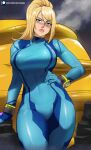 1girl absurdres alternate_breast_size arm_support bangs blonde_hair blue_bodysuit blue_eyes blush bodysuit breasts closed_mouth cloud cloudy_sky covered_navel covered_nipples day echo_saber english_commentary eyebrows_visible_through_hair hand_on_hip head_tilt high_ponytail highres impossible_bodysuit impossible_clothes large_breasts leaning_to_the_side lips long_hair long_sleeves metroid nose_blush outdoors patreon_logo raised_eyebrow samus_aran skin_tight sky solo swept_bangs thigh_gap turtleneck watermark web_address zero_suit 