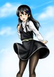  1girl black_dress black_hair black_legwear blue_sky brown_eyes cloud commentary_request dress feet_out_of_frame hair_ornament hairclip kantai_collection kudou_(ooabareteng) long_hair looking_at_viewer official_alternate_costume oyashio_(kancolle) sky smile solo standing sweater white_sweater 