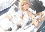  1girl arm_rest bangs barefoot blonde_hair breasts chef_uniform cleavage closed_mouth collarbone commentary crossed_ankles drawer frown frying_pan full_body hair_between_eyes highres kitchen large_breasts long_hair long_sleeves looking_at_viewer lying midriff_peek nakiri_erina on_counter on_stomach open_clothes open_shirt pants plant ponytail pot potted_plant purple_eyes refrigerator sebakanken shirt shokugeki_no_souma sidelocks solo stove unbuttoned unbuttoned_shirt very_long_hair white_pants white_shirt 