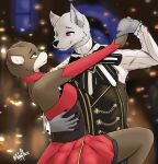  absurd_res ambiguous_gender anthro armwear black_claws blue_eyes brown_body brown_fur canid canine claws clothed clothing curio_tentet_(darkdragon2344) dancing dress duo eye_contact fox fur grey_body grey_fur hand_holding hi_res looking_at_another mammal moofles123 motion_blur multicolored_body multicolored_fur mustela mustelid musteline purple purple_eyes pyrice red_clothing romantic romantic_couple smile suit true_musteline two_tone_body two_tone_fur 