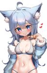  1girl ahoge animal_ear_fluff animal_ears bikini blue_eyes blue_hair breasts cat_ears cat_girl eating food grey_bikini hair_between_eyes highres holding holding_food kaptivate looking_at_viewer medium_breasts navel original pizza pizza_slice simple_background solo stomach swimsuit white_background 