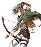  1girl 302 arrow_(projectile) bow_(weapon) brown_eyes brown_hair brown_jacket cape drawing_bow highres holding holding_bow_(weapon) holding_weapon jacket paradis_military_uniform ponytail sasha_braus shingeki_no_kyojin solo three-dimensional_maneuver_gear weapon 
