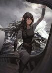  1girl black_hair boat cloud commentary day english_commentary highres holding long_hair ocean original outdoors sailboat ship sky solo sunako_(veera) sword water watercraft weapon 