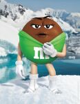  boots candy clothing dessert eyebrows female food food_creature footwear hi_res humor living_candy m_and_m&#039;s mars_incorporated ms._green_(m_m) not_furry official_art raised_eyebrow snow solo unknown_artist waddling_head what what_has_science_done 