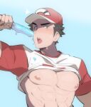  1boy abs alternate_pectoral_size bara bare_pectorals baseball_cap black_hair blush brown_eyes food food_on_clothes hat highres holding holding_food large_pectorals looking_at_viewer male_focus muscular muscular_male nipples pectorals pokemon pokemon_(game) pokemon_sm popsicle red_(pokemon) red_shirt saturday_(hokawazu) shirt short_hair sideburns solo sweat sweatdrop two-tone_shirt underpec upper_body white_shirt 