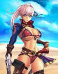  american_flag_bikini american_flag_legwear asymmetrical_footwear asymmetrical_gloves asymmetrical_hair bangs beach belt beltskirt bikini blue_eyes blue_sky boots breasts choker cleavage cloud cowboy_shot elbow_gloves fate/grand_order fate_(series) fingerless_gloves flag_print gloves gunblade hair_bun hair_ribbon half-skirt hybridmink katana large_breasts long_hair miyamoto_musashi_(fate) miyamoto_musashi_(swimsuit_berserker)_(fate) navel ocean pink_hair print_swimsuit ribbon shrug_(clothing) sideboob single_elbow_glove single_hair_intake single_thigh_boot single_thighhigh sky swept_bangs swimsuit sword tan thigh_boots thigh_strap thighhighs two-tone_swimsuit underboob uneven_footwear uneven_gloves weapon 