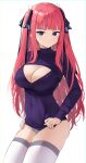  1girl absurdres artist_name bangs blue_eyes blue_panties blunt_bangs breasts cleavage cleavage_cutout closed_mouth clothing_cutout covered_navel go-toubun_no_hanayome hair_ribbon highres large_breasts long_hair long_sleeves looking_at_viewer nakano_nino no_pants panties pink_hair purple_sweater ribbon skindentation solo steeb sweater thighhighs two_side_up underwear very_long_hair white_legwear 