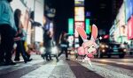  &gt;_&lt; 1girl animal_ears bag bangs blurry blurry_background breasts chibi closed_eyes closed_mouth crosswalk fiz_(fizintine) fizintine hair_bun holding holding_bag large_breasts night original outdoors photo_background pink_hair rabbit_ears rabbit_girl rabbit_tail short_hair shorts sparkle swept_bangs tail thighhighs white_legwear white_shorts 