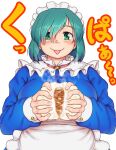  1girl apron aqua_hair bangs blush closed_mouth commentary_request eyebrows_visible_through_hair food green_eyes hair_between_eyes highres holding holding_food long_sleeves looking_at_viewer maid maid_headdress medium_hair original orizen red_neckwear simple_background solo straight-on straight_hair tareme tongue tongue_out translation_request upper_body waist_apron white_background 