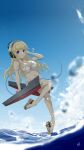  1girl bikini blonde_hair breasts day double_bun fletcher_(kancolle) hairband headphones highres kantai_collection large_breasts long_hair navel neve ocean outdoors purple_eyes rigging sandals solo swimsuit waves white_bikini 