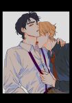  2boys absurdres black_hair blonde_hair blue_eyes dio_brando dress_shirt fuku_(r-i-h-o) highres jojo_no_kimyou_na_bouken jonathan_joestar licking licking_neck male_focus multiple_boys necktie necktie_grab neckwear_grab phantom_blood shirt taut_clothes taut_shirt undone_necktie yaoi 