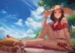  1girl animal armlet avatar_(ff14) beach bead_bracelet beads bikini bird blue_sky blush bracelet breasts brown_hair chakram cleavage cloud cloudy_sky commentary commission dappled_sunlight emknov english_commentary final_fantasy final_fantasy_xiv flower full_body hand_on_headwear hat hat_flower highres jewelry knee_up lips looking_at_viewer medium_breasts medium_hair multicolored_hair navel necklace outdoors palm_tree parted_lips red_bikini red_eyes red_footwear red_hair sandals shade sitting sky smile solo_focus spikes stomach straw_hat streaked_hair sunlight swimsuit toes tree twitter_username two-tone_hair volleyball volleyball_net weapon 