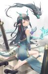  1girl :o absurdres arknights ass bangs barefoot bead_bracelet beads black_hair blue_dress blue_fire blue_skin bracelet breasts china_dress chinese_clothes colored_skin dragon dragon_girl dragon_horns dragon_tail dress dusk_(arknights) earrings eyebrows_visible_through_hair fiery_tail fire from_behind full_body gradient_skin green_hair hand_up highres horns jewelry long_hair looking_at_viewer looking_back medium_breasts multicolored_hair no_panties official_alternate_costume on_floor open_mouth orange_eyes planted planted_sword pointy_ears sitting sleeveless sleeveless_dress solo streaked_hair sword tail tail_ornament tail_ring tassel tassel_earrings two-tone_hair very_long_hair wariza weapon yinghuahua 
