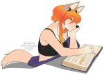  2022 5_fingers alpha_channel anthro black_nose book breasts canid canine canis clothed clothing digital_media_(artwork) domestic_dog eyebrows eyelashes female fingers hair kittydee mammal orange_hair reading simple_background solo transparent_background 