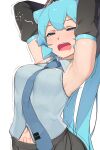  1girl abmayo armpits arms_up breasts commentary detached_sleeves hair_ornament hatsune_miku highres long_hair medium_breasts navel necktie open_mouth pubic_tattoo shirt skirt solo tattoo twintails very_long_hair vocaloid yawning 