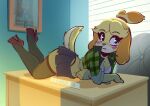  2021 animal_crossing anthro blush breasts canid canine clothing desk fabio_paulino female floppy_ears footwear fur furniture hi_res isabelle_(animal_crossing) mammal nintendo solo table video_games 