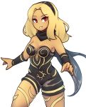  1girl blonde_hair blush breasts cleavage commission d-floe dark-skinned_female dark_skin eyebrows_visible_through_hair gravity_daze grin hairband highres kitten_(gravity_daze) large_breasts long_hair looking_at_viewer parted_lips red_eyes smile solo tan teeth 