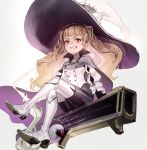  blonde_hair boots cape earrings eitri_(fire_emblem) evil_grin evil_smile fire_emblem fire_emblem_heroes grin hashiko_(neleven) hat high_heels jewelry long_hair looking_at_viewer pantyhose red_eyes sidesaddle sitting smile thigh_boots thighhighs wavy_hair witch_hat 