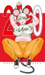  1girl 2020 animal_ears belly blonde_hair blue_eyes breasts chinese_zodiac commentary_request crumbs elf-san_wa_yaserarenai. erufuda-san food food_on_face happy_new_year highres huge_breasts looking_at_viewer midriff mouse_ears mouse_tail navel new_year plump pointy_ears red_background shoes short_hair sitting sneakers solo synecdoche tail thick_thighs thighs translated whiskers white_background year_of_the_rat 