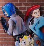  1boy 1girl b_gegom blue_hair highres james_(pokemon) jessie_(pokemon) meowth pokemon pokemon_(anime) pokemon_(creature) red_hair team_rocket wobbuffet worried 