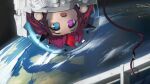  1girl astronaut blue_eyes cable chibi cloud commentary earth_(planet) english_commentary harness helmet heterochromia highres hololive hololive_english horns irys_(hololive) long_hair multicolored_hair multiple_girls open_mouth paintrfiend planet purple_eyes purple_hair red_hair solo space spacesuit star_(sky) virtual_youtuber 