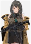  1girl ammunition_belt artist_name bangs black_gloves black_hair black_skirt breasts brown_sweater_vest eyebrows_visible_through_hair gas_mask girls&#039;_frontline gloves gun heterochromia highres holding holding_gun holding_weapon jacket jacket_pull long_hair looking_at_viewer mask mask_around_neck multicolored_hair open_clothes open_jacket open_mouth red_eyes ro635 ro635_(girls&#039;_frontline) skirt solo standing sutekina_awa sweater_vest teeth upper_teeth weapon white_background yellow_eyes yellow_jacket 