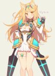  1girl animal_ears bangs bare_legs bare_shoulders blonde_hair breasts cat_ears chest_jewel cleavage cleavage_cutout clothing_cutout dress earrings elbow_gloves extra_ears gloves jewelry long_hair mythra_(xenoblade) short_dress solo swept_bangs thigh_strap tiara very_long_hair white_dress white_gloves wusagi2 xenoblade_chronicles_(series) xenoblade_chronicles_2 yellow_eyes 