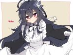  1girl alternate_costume apron back_bow bangs black_dress black_hair blush bow bright_pupils character_name dress elsword enmaided flower frilled_apron frills hair_between_eyes hair_bow hair_flower hair_ornament head_tilt juliet_sleeves korean_commentary long_hair long_sleeves looking_down maid maid_headdress multicolored_eyes nisha_labyrinth_(elsword) nodap_namaco parted_lips pink_background pink_eyes puffy_sleeves purple_eyes simple_background skirt_hold solo white_apron white_bow white_pupils 