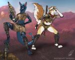  2022 5:4 anthro bethesda_softworks bottomwear canid canine canis clothed clothing dado463art desert digitigrade domestic_dog duo fallout gun hat headgear headwear hybrid italian_flag legwear male mammal night_stalker_(fallout) ranged_weapon rifle shorts signature standing topwear vest video_games weapon 