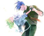  2boys 302 blue_eyes blue_hair dancing dress_shirt galo_thymos gloves green_hair half_gloves lio_fotia male_focus multiple_boys necktie promare scar scar_on_arm shirt sidecut yaoi 