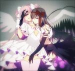  2girls akemi_homura akuma_homura argyle argyle_legwear bare_shoulders black_dress black_gloves black_hair blush bow choker cleavage_cutout clothing_cutout dress elbow_gloves feathered_wings frilled_dress frills gloves hair_bow hair_ribbon hakusai_(tiahszld) high_heels kaname_madoka long_hair magical_girl mahou_shoujo_madoka_magica mahou_shoujo_madoka_magica_movie multiple_girls pink_hair purple_eyes ribbon thighhighs twintails two_side_up ultimate_madoka white_dress wings yellow_eyes 