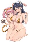  +_+ 2girls ahoge alternate_costume animal_ears badge bikini biting black_hair breasts brown_eyes commentary_request full_body hair_bobbles hair_ornament highres horns kantai_collection large_breasts long_hair multiple_girls oni_horns osananajimi_neko pink_eyes pink_hair sazanami_(kancolle) short_hair simple_background small_breasts swimsuit tail tears tiger_ears tiger_tail twintails unfinished ushio_(kancolle) white_background yellow_bikini yuri 