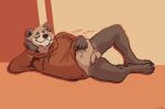  anthro biped bottomless casual_nudity clothed clothing flaccid furvidd genitals hi_res hoodie itching lying male mammal penis relaxing solo topwear ursid 