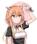  2_nostg animal_ears blonde_hair blush breasts cat_ears collarbone detached_collar eyebrows_visible_through_hair fake_animal_ears idolmaster idolmaster_cinderella_girls light_brown_hair long_hair looking_up maid ninomiya_asuka open_mouth puffy_short_sleeves puffy_sleeves purple_eyes ribbon short_sleeves simple_background small_breasts solo touching_ears upper_body wrist_cuffs 