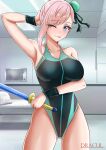  1girl absurdres armpits asymmetrical_hair bangs black_swimsuit blue_eyes bun_cover competition_swimsuit drac fate/grand_order fate_(series) hair_bun hair_ribbon highleg highleg_swimsuit highres long_hair looking_at_viewer medium_hair miyamoto_musashi_(fate) miyamoto_musashi_(swimsuit_berserker)_(fate) one-piece_swimsuit pink_hair pixiv_fate/grand_order_contest_1 presenting_armpit ribbon solo sweatband swept_bangs swimsuit sword tongue tongue_out weapon wristband 