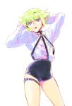  1boy 302 androgynous arms_behind_back frilled_shirt_collar frills green_hair harness highres leg_belt lio_fotia male_focus open_mouth promare purple_eyes short_hair short_shorts shorts solo 