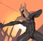  1boy abs black_knight_(dark_souls) black_skin bow_(weapon) colored_skin combos_&amp;_doodles commentary cowboy_shot dark_souls_(series) dark_souls_i english_commentary helmet highres holding holding_weapon legs_apart male_focus orange_background shoulder_plates solo sunlight sunset weapon 