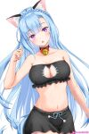  1girl :o animal_ear_fluff animal_ears bangs bare_shoulders bell black_bra black_choker black_skirt blue_hair blush bra braid breasts cat_cutout cat_day cat_ears cat_lingerie choker cleavage cleavage_cutout clothing_cutout collarbone commentary_request cowboy_shot crown_braid eyebrows_visible_through_hair frilled_bra frills groin hair_between_eyes hand_up head_tilt highres horse_tail kemonomimi_mode large_breasts long_hair looking_at_viewer mejiro_ardan_(umamusume) meme_attire midriff navel neck_bell open_mouth parted_bangs partial_commentary purple_eyes sidelocks simple_background skirt solo standing strapless strapless_bra tail twitter_username umamusume umeshiba_(eleventhdolls) underwear underwear_only white_background 