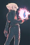  1boy 302 ass blonde_hair blue_fire fire from_behind gloves half_gloves highres lio_fotia male_focus muted_color pants pink_fire promare purple_eyes purple_fire pyrokinesis solo spot_color tight tight_pants 
