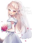  1girl blush bouquet bridal_veil dress flower hoshifuri_iku long_hair looking_at_viewer pale_skin petals pink_hair prism_project purple_eyes sorani_(kaeru0768) veil virtual_youtuber wedding_dress 