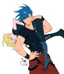  2boys 302 androgynous anime_coloring biceps black_shirt blue_eyes blue_hair carrying eyes_visible_through_hair fireman&#039;s_carry galo_thymos green_hair hand_on_hip highres lio_fotia multiple_boys promare purple_eyes shirt short_hair t-shirt tight tight_shirt wristband 